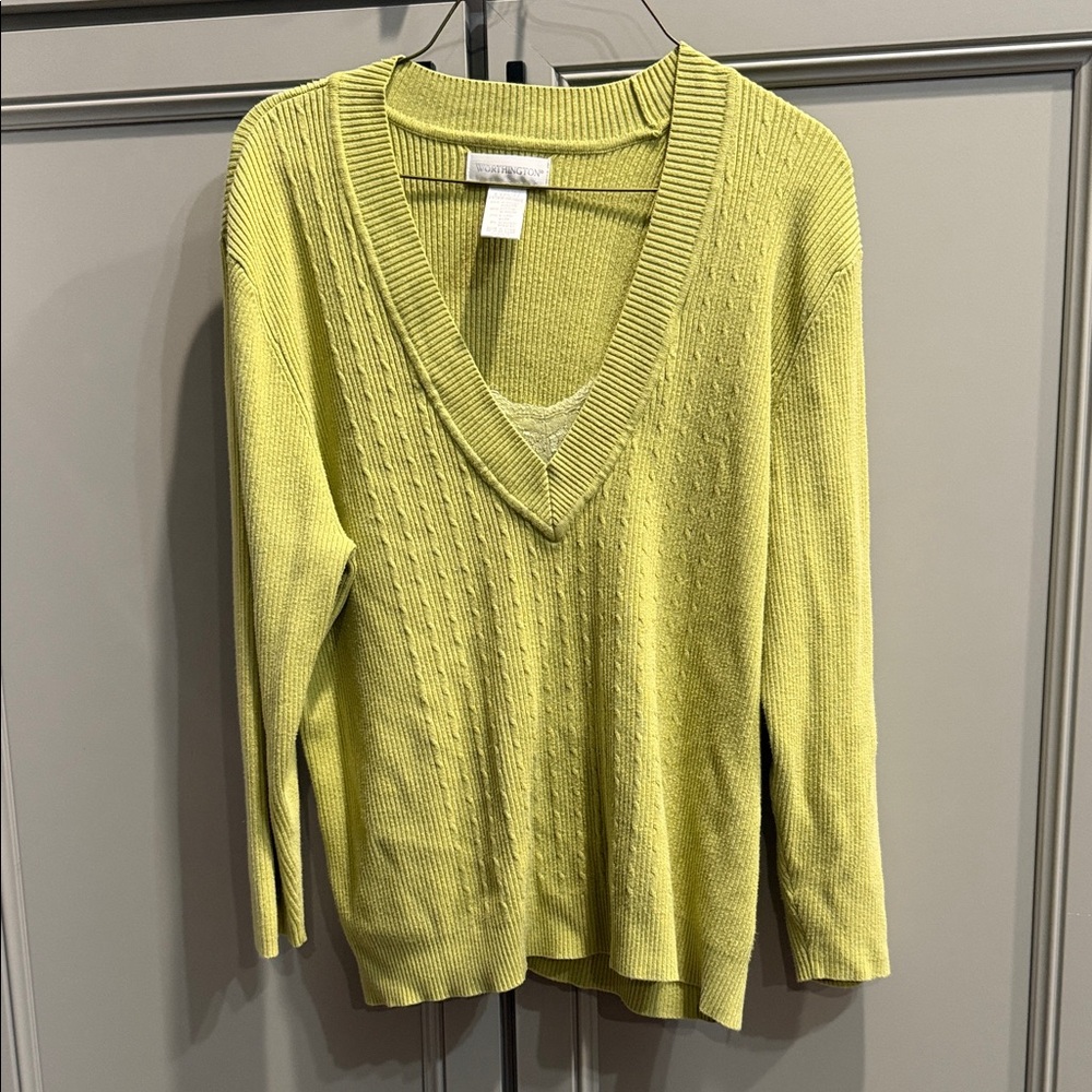 Worthington Lime Green V-Neck Cable-Texture Sweater
